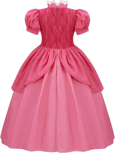 Vista 3 de Disfraz de princesa melocotón para niñas, vestido de princesa melocotón, accesorios de cosplay, corona de princesa para disfraz de Halloween
