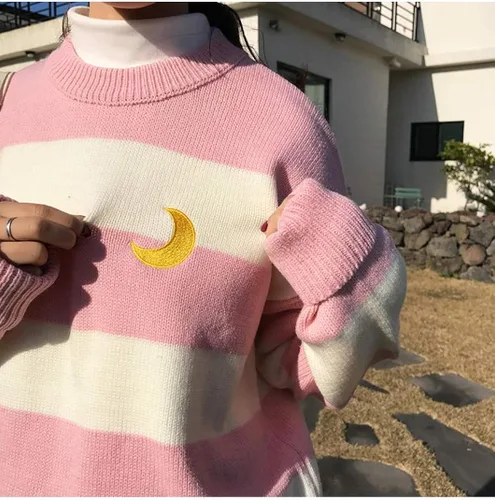 Vista 5 de Suéter Harajuku Moon para mujer, con cuello redondo, a rayas, para invierno, para estudiantes