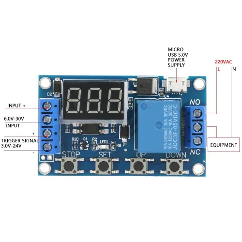 Vista 5 de Interruptor de temporizador de retardo de ciclo Pantalla LED Retardo de encendido y apagado Módulo de relé DC 6-30V 0 1s a 999min ajustable