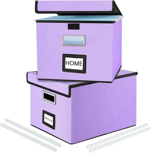 Vista 37 de Caja organizadora de archivos Huolewa con tapa, caja organizadora de carpetas de archivos colgantes de cuero sintético plegable con deslizadores