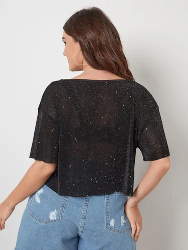 Vista 2 de Romwe Camiseta de manga corta transparente con purpurina para mujer talla grande de malla transparente
