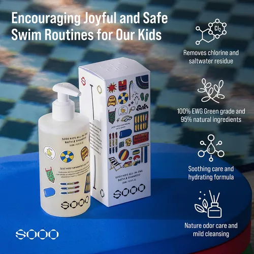 Vista 2 de SOOO Champú de natación para niños y gel de baño 2 en 1 sin lágrimas, cuidado suave de la piscina para bebés y niños, elimina el cloro y la sal