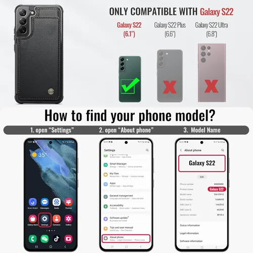 Vista 6 de Vinich - Funda tipo cartera para Samsung Galaxy S22 con tarjetero, color negro Ranuras de crédito con bloqueo RFID, soporte para teléfono a prueba