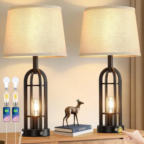 Vista 9 de SRJJA Juego de 2 lámparas de mesa negras para sala de estar, lámparas de granja para mesitas de noche con USB A+C, lámparas de noche