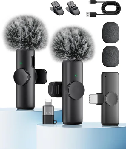 Vista 9 de Micrófono Lavalier inalámbrico para iPhone, iPad y Android con funda de carga, micrófono de solapa con reducción de ruido, duración de la batería