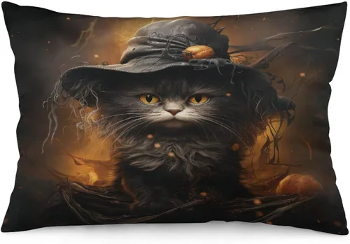 Vista 8 de Funda de almohada con sombrero de bruja con diseño de gato de 20 x 30 pulgadas, diseño de impresión de doble cara con cremallera invisible, Patrón 8