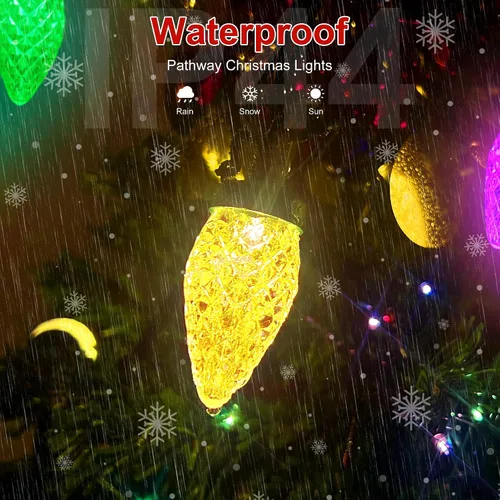 Vista 4 de Luces de Navidad C9 LED para exterior, 50 LED, 32 pies, luces de cadena C9 para bombillas de fresa de Navidad, enchufables, conectables