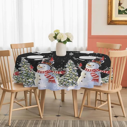 Vista 8 de Mantel redondo negro de Navidad, impermeable y resistente a las manchas, mantel lavable sin arrugas para comedor, fiesta, boda, muñeco de nieve