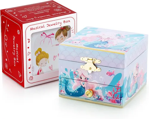 Vista 6 de RR ROUND RICH DESIGN Joyero musical para niños para niñas, incluye cajón y bonito juego de joyas con bonito tema de sirena, hermoso tono de ensueño