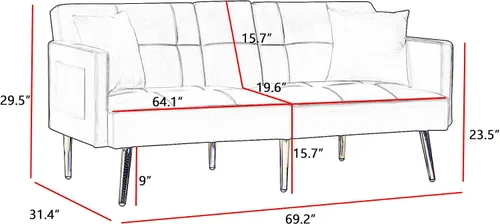 Vista 2 de Moderno sofá cama biplaza de terciopelo con 2 bolsillos, sofá cama convertible tapizado con respaldo múltiple ajustable, futón con patas doradas