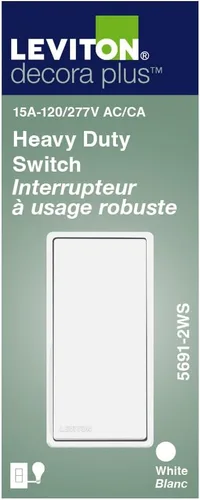 Vista 3 de Leviton 15 A, 120/277 V, Interruptor silencioso de CA Decora Plus, basculante, de polaridad única, Grado Comercial, 5691-2W, Blanco