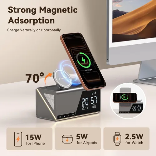 Vista 8 de TobenONE Estación de Carga Inalámbrica de Alarma 6 en 1 para Dispositivos Apple, Luz Nocturna, Mesita de Noche, Cargador Magnético MagSafe