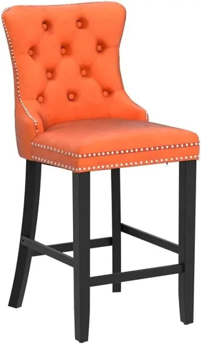 Vista 46 de SoarFlash Juego de 2 taburetes de bar tapizados de terciopelo moderno con patas de madera, botones acolchados, cabeza de clavo cromada, asiento