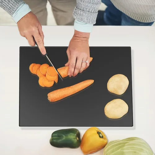 Vista 6 de Mymonfif Tabla de cortar de vidrio templado para cocina, tablero de vidrio negro para encimera, resistente al calor, con pies antideslizantes, 12 x