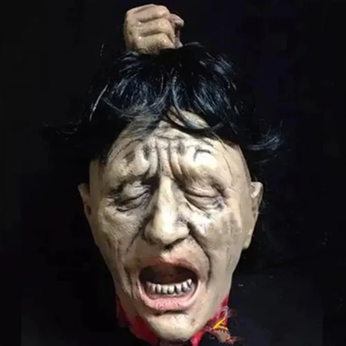 Vista 22 de RiceelSor Decoración colgante de cabeza dividida para Halloween, diseño de cadáver sangriento, de terror, de tamaño real, con peluca, disfraz