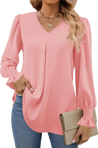 Vista 19 de Funlingo Blusas de mujer con mangas largas 2025, elegantes y casuales, con cuello en V, túnica suelta de gasa para el trabajo