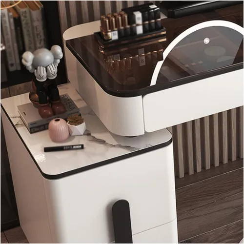 Vista 5 de Tocador de maquillaje, mesa de cristal, tocador, moderno, simple, avanzado, de madera, para dormitorio, almacenamiento, tocador, espejo inteligente