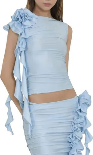 Vista 3 de Camiseta sin mangas sexy floral 3D para mujer, con volantes Y2K, sin espalda, fruncida, top sin mangas, cuello halter, top de ropa de calle