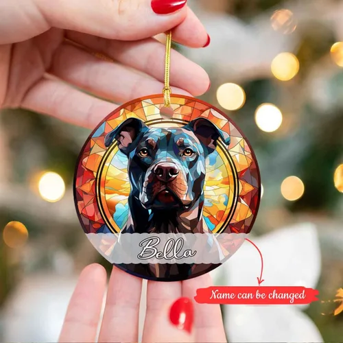 Vista 2 de Amstaff - Adornos personalizados para perros Amstaff para árbol de Navidad con nombre, adorno estilo vitral para perros, regalos para amantes