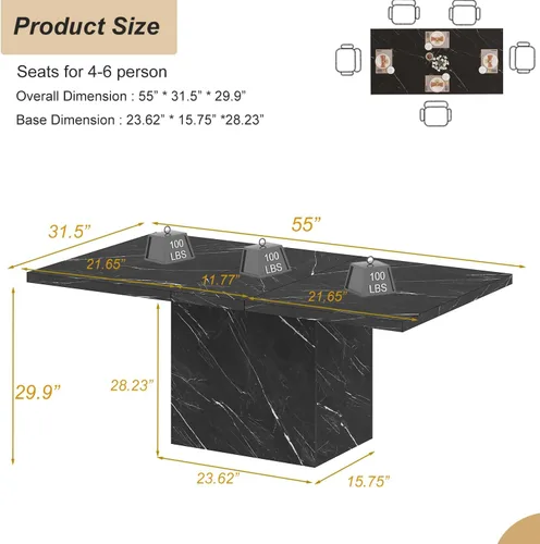 Vista 2 de HSH Mesa de comedor de 55 pulgadas para 4, moderna mesa de comedor de mármol sintético negro, mesa de cocina rectangular con pedestal resistente