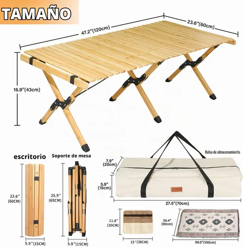 Vista 2 de Mesa plegable portátil, mesa de bambú de 4 pies para acampar al aire libre, mesa de picnic baja para sentarse en el suelo, mesa plegable de playa