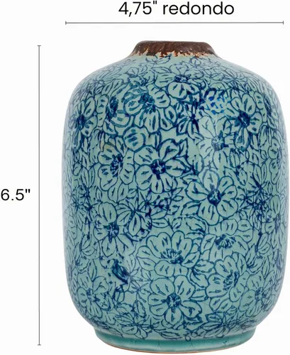 Vista 2 de Creative Co-Op Jarrón decorativo redondo de terracota con patrón floral con acabado envejecido, azul