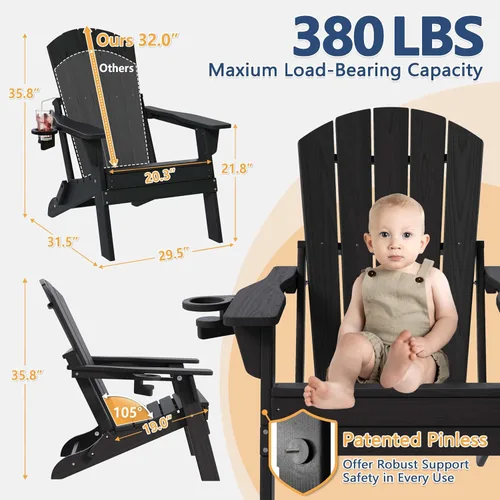 Vista 3 de Silla plegable Adirondack con soporte para tazas, de plástico HDPE resistente a todo tipo de clima, sillas de patio al aire libre con reposapiés