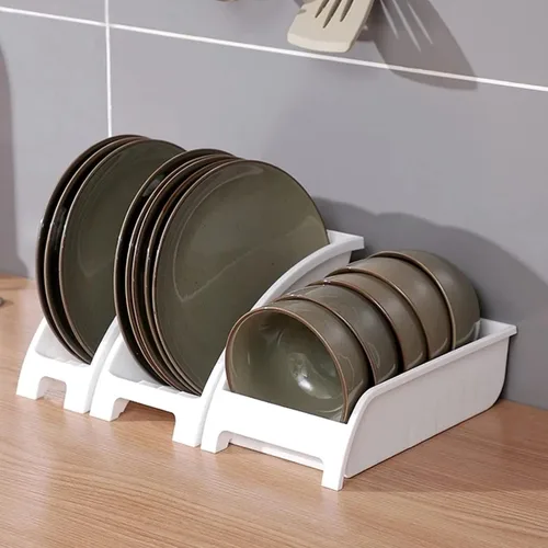 Vista 7 de 3 soportes para platos llanos, organizador de gabinete de cocina de plástico para platos verticales, estante de almacenamiento para encimera