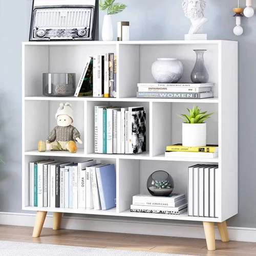 Vista 11 de IOTXY - Estantería de madera con espacios abiertos, 3 niveles, con patas, 5 cubos, color azul brillante Nordic Minimalist Style, MDF