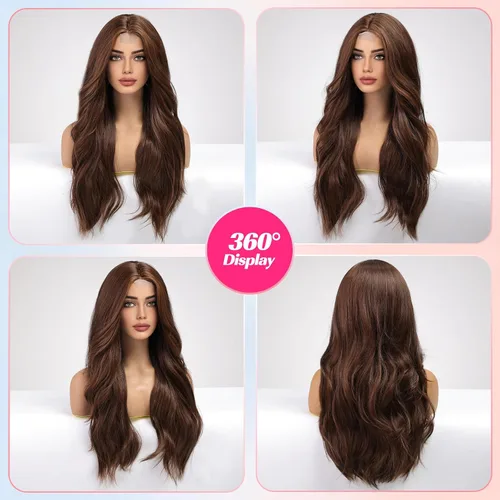 Vista 5 de EMMOR Peluca larga y ondulada marrón mixta para mujer, pelucas de encaje frontal, aspecto natural, 26 pulgadas, parte media, peluca rizada