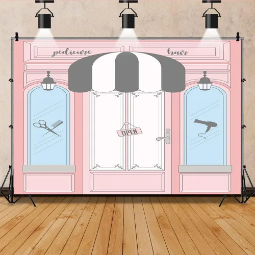 Vista 3 de AOFOTO Telón de fondo rosa de 5 x 3 pies, para peluquería, peluquería, peluquería, manicura, pedicura, spa, tienda de belleza, barbería, salón