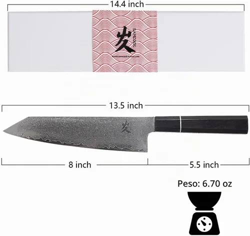 Vista 2 de SAMCOOK Cuchillo Kiritsuke de chef - Cuchillo profesional de 8 pulgadas de damasco afilado - Cuchillo de cocina Gyuto de acero inoxidable VG-10