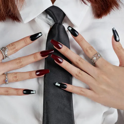Vista 4 de Luminous GLAMERMAID Winter Press on Nails Conffin, Handmade Gel Fake Nails Long, Gothic Emo Nails with Skull Ghost Design, Cartoon False Nails for