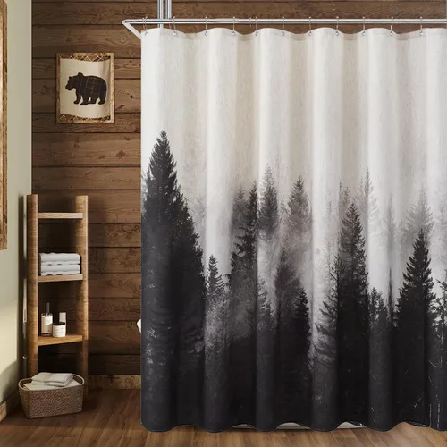 Vista 4 de ORTIGIA Cortina de ducha con diseño de bosque de montaña, tela de lino de mezcla pesada, árbol natural negro, cortina de baño de bosque brumoso, 60