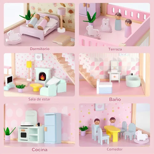 Vista 2 de Pillowhale - Casa de muñecas de madera, moderna casa de muñecas con accesorios para muebles Rosa