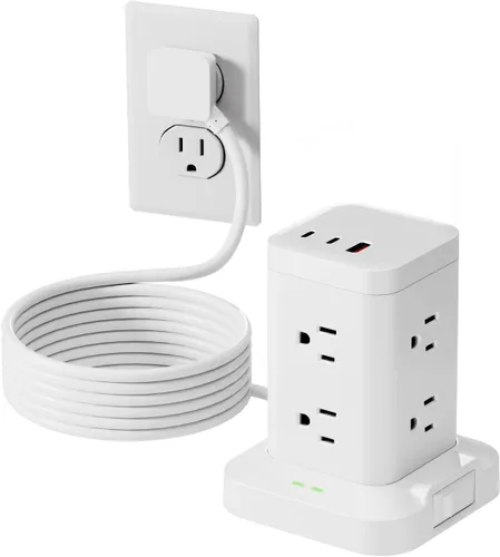 Vista 12 de Torre de regleta de alimentación con protector de sobretensiones de 1800J, torre de carga rápida PD20W puertos USB-C con 12 salidas de CA, cable