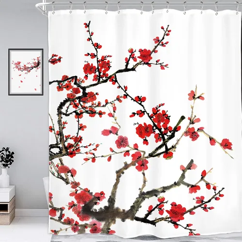 Vista 4 de Cortina de ducha floral roja para baño, 60 pulgadas de ancho x 72 pulgadas de largo, flor de cerezo, ciruela, estética asiática, japonesa, acuarela