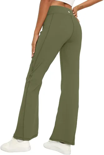 Vista 2 de Aurgelmir Pantalones de yoga acampanados para mujer, de cintura alta, con corte de bota, pantalones de pierna ancha con bolsillos