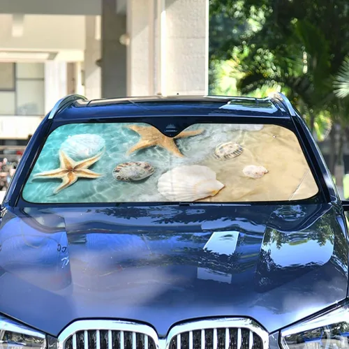 Vista 2 de Parasol plegable reflectante para parabrisas de automóvil, diseño de estrella de mar, concha, verano, playa, bloquea los rayos UV