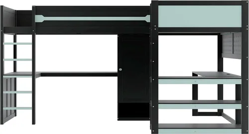 Vista 5 de Twin Size L-Shaped Gaming Loft Bed with Dual Built-in Desks，Black+Blue-P