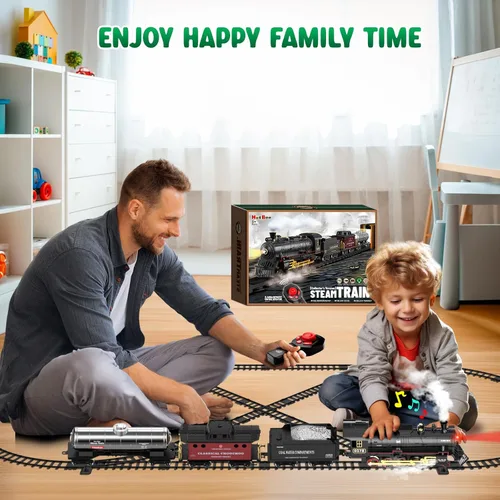 Vista 5 de Hot Bee Juego de tren para niños, juguetes de tren de aleación a control remoto con locomotora de vapor, vagones de carga, vías, trenes con luces