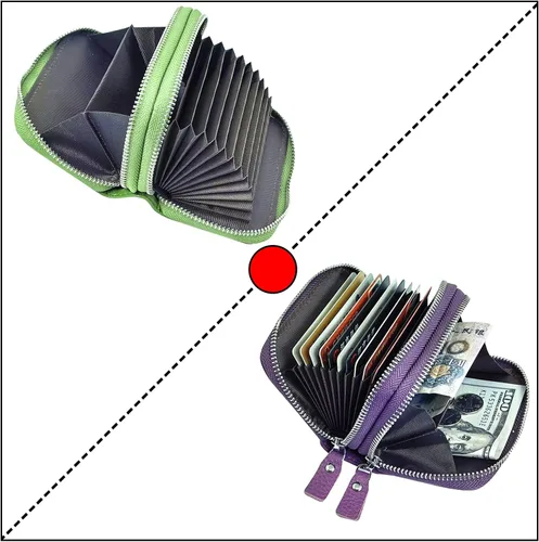 Vista 25 de Cartera de cuero para mujer, con doble tarjeta, tarjetero con cremallera, múltiples compartimentos, bloqueo RFID C-W-1, Rosado, Talla única