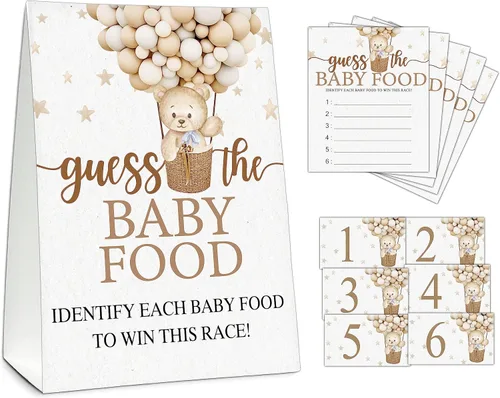 Vista 18 de Guess the Baby Food Party Games, juego de baby shower, 1 letrero de pie + 25 tarjetas de respuesta + 6 tarjetas de números, suministros