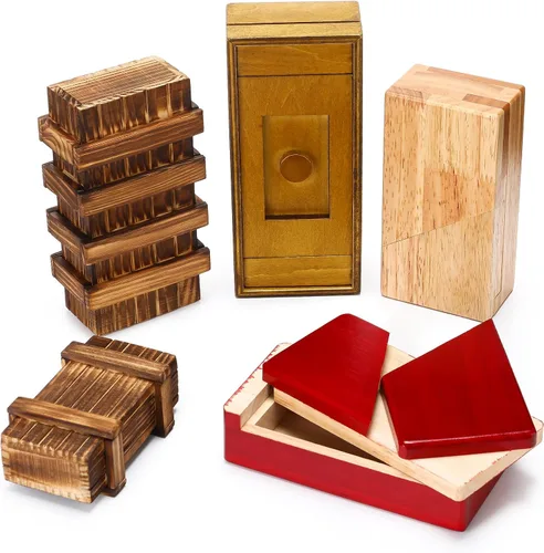 Vista 8 de Hanaive Paquete de 5 Cajas de Rompecabezas de Navidad, Caja de Regalo de Madera con Dinero Secreto, Rompecabezas Oculto con Compartimentos