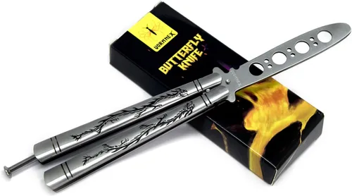Vista 8 de Vornnex, cuchillo mariposa de práctica, hoja desafilada de acero inoxidable para entrenamiento, dragón negro (plateado)