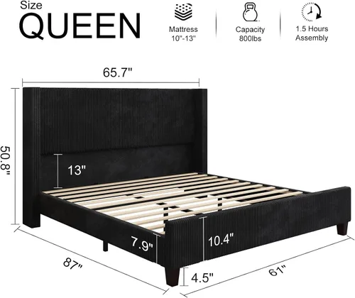 Vista 2 de HOWE - Base de cama tapizada tamaño Queen, plataforma con cabecera de 50.8" estilo abatible, patas de pana/madera maciza, no necesita somier, sin