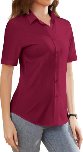 Vista 13 de Camisas de vestir para mujer, sin arrugas, con botones, de manga corta, camisas de trabajo con cuello