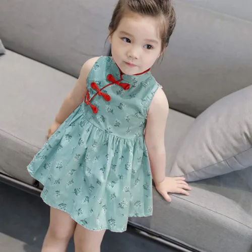Vista 2 de Vestido de bebé niña pequeña chino asiático Qipao a cuadros, floralconejo, estampado Cheongsam sin mangas, vestido de verano