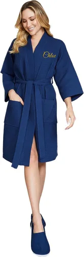 Vista 14 de Lotus Linen Women’s Lightweight Waffle Spa Robes – Soft Cotton Knee Length Bathrobe, Personalized Bridesmaids Robe Negro