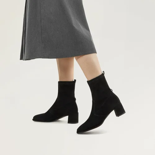 Vista 2 de 7or9 Botines de tacón medio para mujer con suela de lengüeta Chelsea Fashion Go Go Botas hasta la rodilla Botas de tacón grueso de lana - Negro